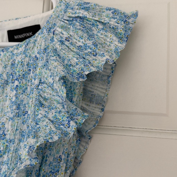 NWT MINKPINK dress size S blue white ruffles cottagecore floral - Picture 6 of 9
